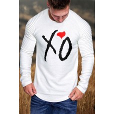 White XO Heart Print Pleated Sleeve Slim-fit Men's T-shirt