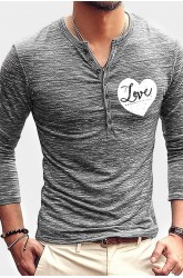 Men's Love Heart Print Buttons Slim-fit Long Sleeve T-shirt