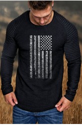 Pleated Long Sleeve Letter US Flag Print Men's Graphic T-shirt