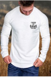 White Men's Letter Print Pleated Long Sleeve Top