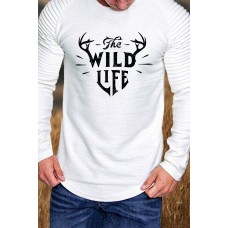 White The Wild Life Graphic Print Pleated Sleeve Men's T-shirt