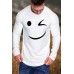 White Funny Smile Print Pleated Crew Neck Men's Long Sleeve Top