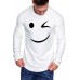 White Funny Smile Print Pleated Crew Neck Men's Long Sleeve Top