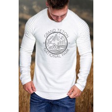 White Men's Letter Graphic Print Pleated Long Sleeve Top