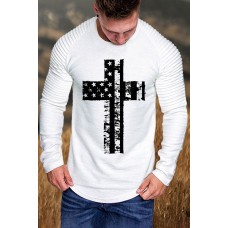 White Men's America Flag Cross Print Pleated Long Sleeve T-shirt