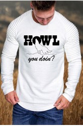 White HOWL Wolf Letter Print Pleated Sleeve Men's Top