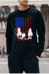 Black American Flag Team Roping Horse Print Men's Long Sleeve Top