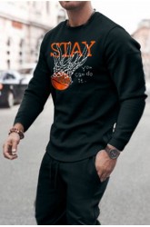 Black Men's Basketball Letter Print Long Sleeve Top and Pants Set