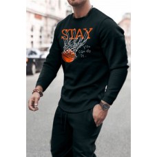 Black Men's Basketball Letter Print Long Sleeve Top and Pants Set