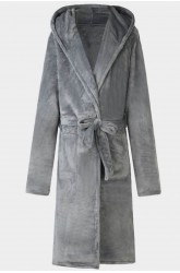 Gray Plush Lace-up Thick Hooded Men's Teddy Robe