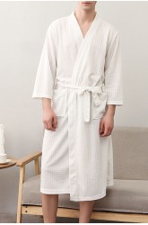 White Waffle Texture Men Robe with Belt