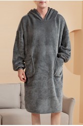 Grey Fleece Hooded Men's Nightgown with Pockets