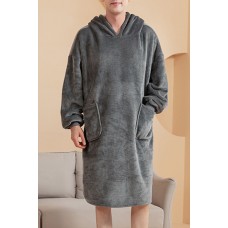 Grey Fleece Hooded Men's Nightgown with Pockets