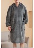 Grey Fleece Hooded Men's Nightgown with Pockets