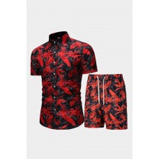 Men's Floral Print Short Sleeve Shirt and Elastic Waist Shorts Set