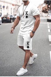 White Men's Poker Letter Print Short Sleeve Top and Shorts Suit