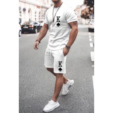 White Men's Poker Letter Print Short Sleeve Top and Shorts Suit