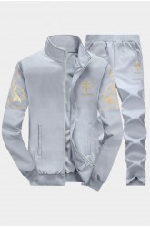 Gray Graphic Print Zip-up Hoodie and Sweatpants Men's Sports Suit