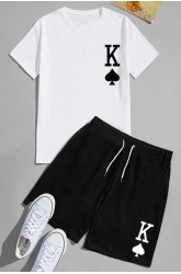 White Letter Print Short Sleeve Tee and Elastic Waist Shorts Men's Set