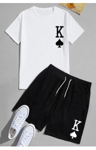 White Letter Print Short Sleeve Tee and Elastic Waist Shorts Men's Set