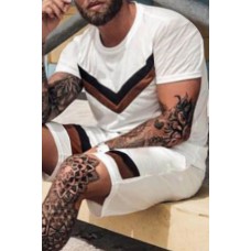 Striped Color Block Short Sleeve Top and Shorts Men's Sports Set