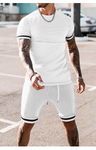 White Striped Short Sleeve T-shirt and Drawstring Shorts Men's Set