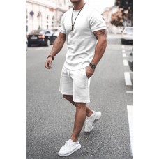 White Solid Short Sleeve Top and Shorts Men's Sports Set