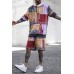 Men's Pattern Print Color Block Long Sleeve Hoodie and Shorts Suit