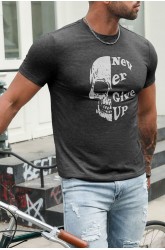 Gray Never Give Up Skull Print Slim Fit Men's Graphic T Shirt