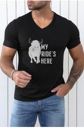 Black My Ride's Here Graphic Print V Neck Men's T Shirt