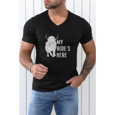 Black My Ride's Here Graphic Print V Neck Men's T Shirt